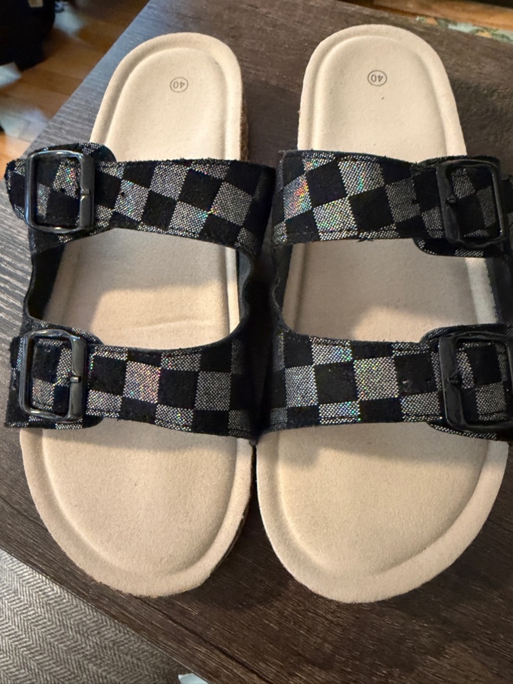 EUC Women's Black & Holographic Silver Check Buckle Slide Sandals size 9 - Picture 3 of 5